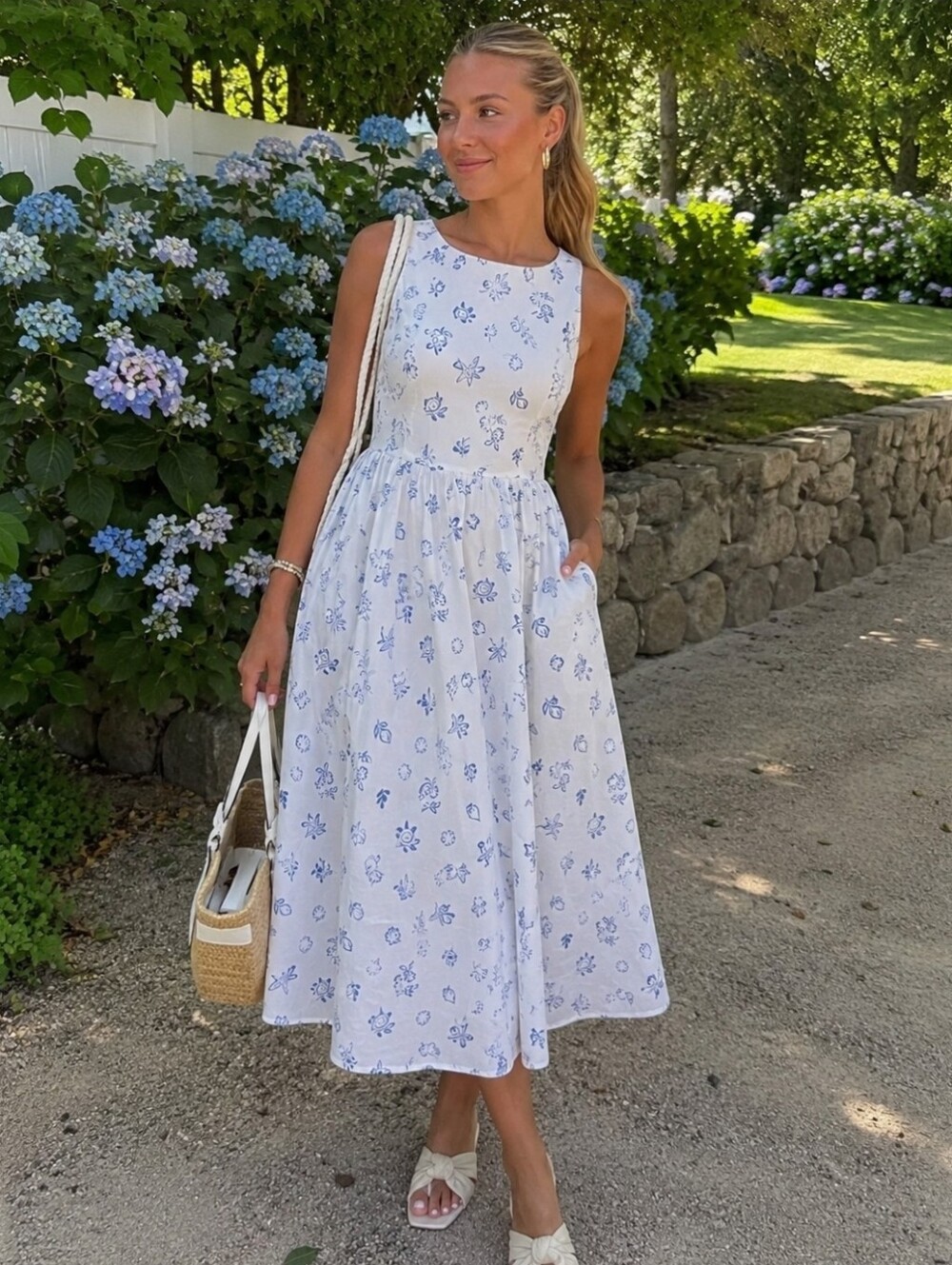 WAYF Dropwaist Midi Dress By The Sea Motif